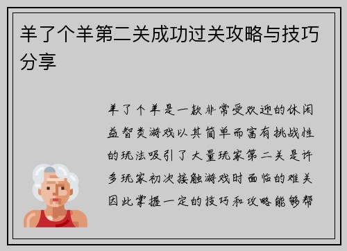 羊了个羊第二关成功过关攻略与技巧分享